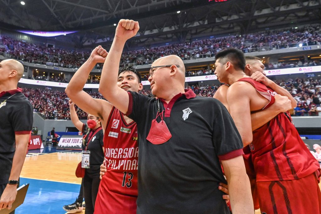 UP coach Goldwyn Monteverde with Joel Cagulangan after bagging the UAAP Season 84 Men's Basketball title. [photo credit: UAAP Media Group]